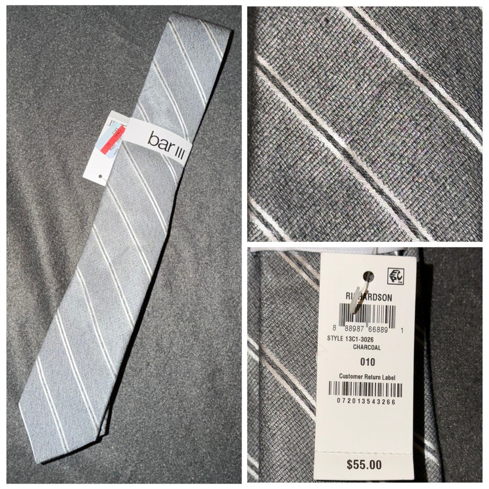 Bar III Richardson Mens Skinny Tie Charcoal Grey White Striped 13C1-3026 NWT $55